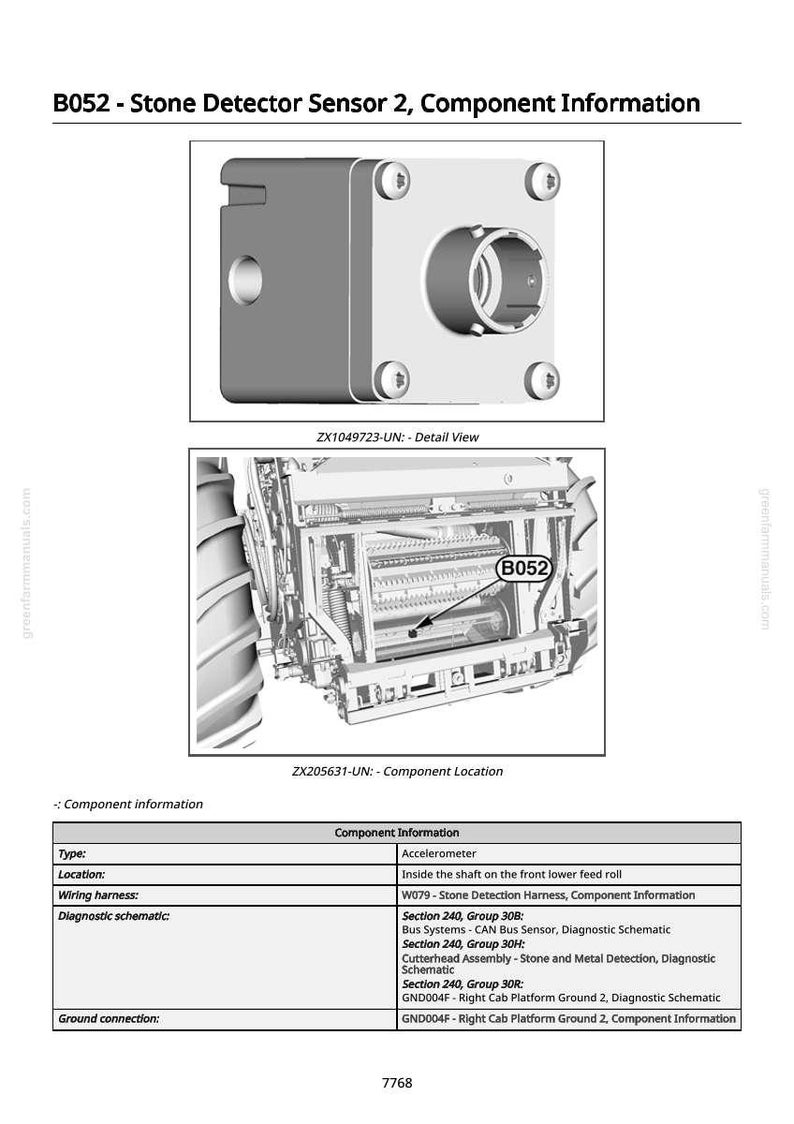 K&ouml;nnte beinhalten: Diagramm einer Steindetektor-Sensorkomponente, gekennzeichnet mit B052, mit Detailansicht und Komponentenstandort. Das Bild enth&auml;lt eine Tabelle mit Komponenteninformationen, einschlie&szlig;lich Typ, Standort, Kabelbaum und Details zum Diagnoseschema.
