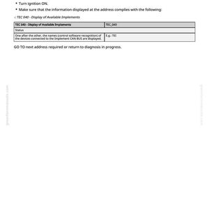 Pu&ograve; includere: Un documento bianco con il titolo "TEC 040 - Visualizzazione degli implementi disponibili". Il documento include istruzioni per un indirizzo diagnostico, tra cui l'accensione e la verifica delle informazioni. Il testo "greenfarmmanuals.com" &egrave; visibile.