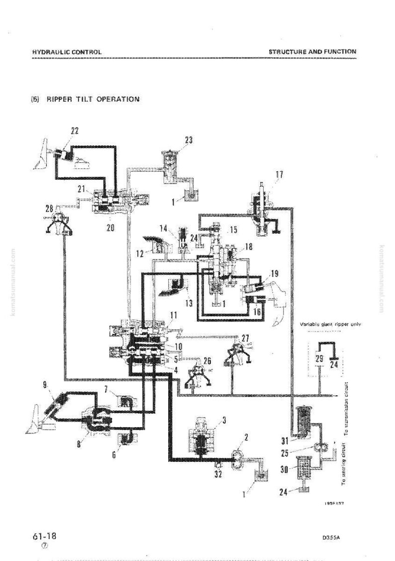 May include: Diagram of a hydraulic control system, labeled "Ripper Tilt Operation." The black and white schematic shows interconnected components with numbered labels and text, including "Structure and Function."