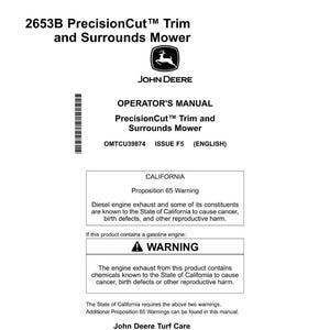 May include: A white operator's manual for a John Deere PrecisionCut Trim and Surrounds Mower. The manual includes warnings about diesel engine exhaust and gasoline engine exhaust. The John Deere logo is visible.