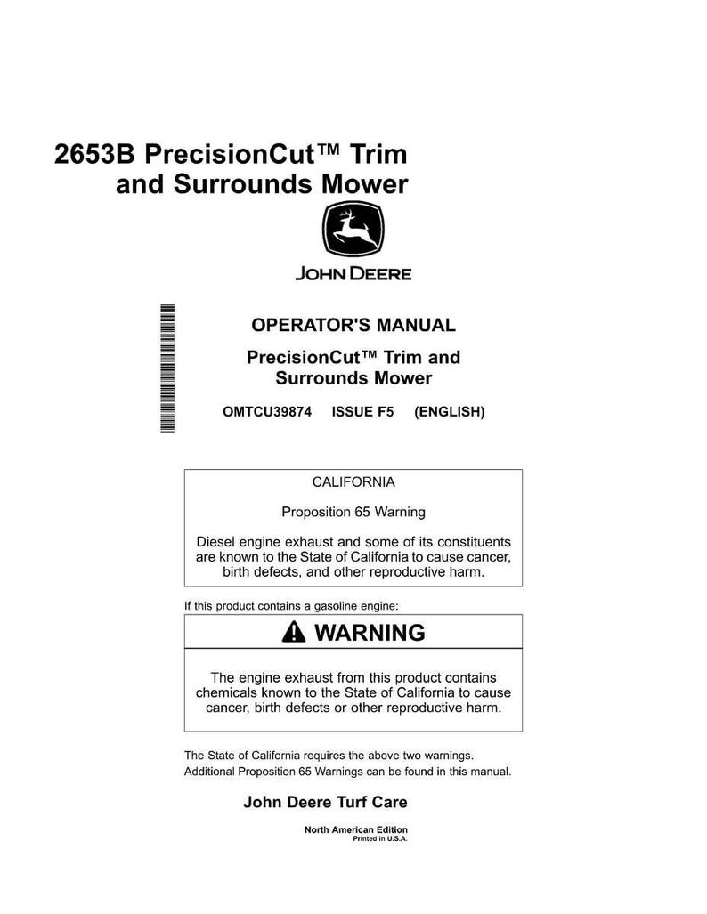 May include: A white operator's manual for a John Deere PrecisionCut Trim and Surrounds Mower. The manual includes warnings about diesel engine exhaust and gasoline engine exhaust. The John Deere logo is visible.