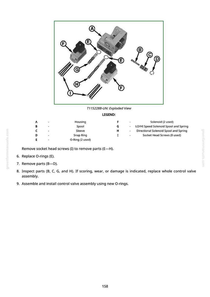 Pu&ograve; includere: Diagramma esploso di un gruppo valvola di controllo, etichettato T115228B-UN. Include componenti come alloggiamento, bobina, manicotto, anello elastico, O-ring, solenoidi e viti. Include legenda e istruzioni.