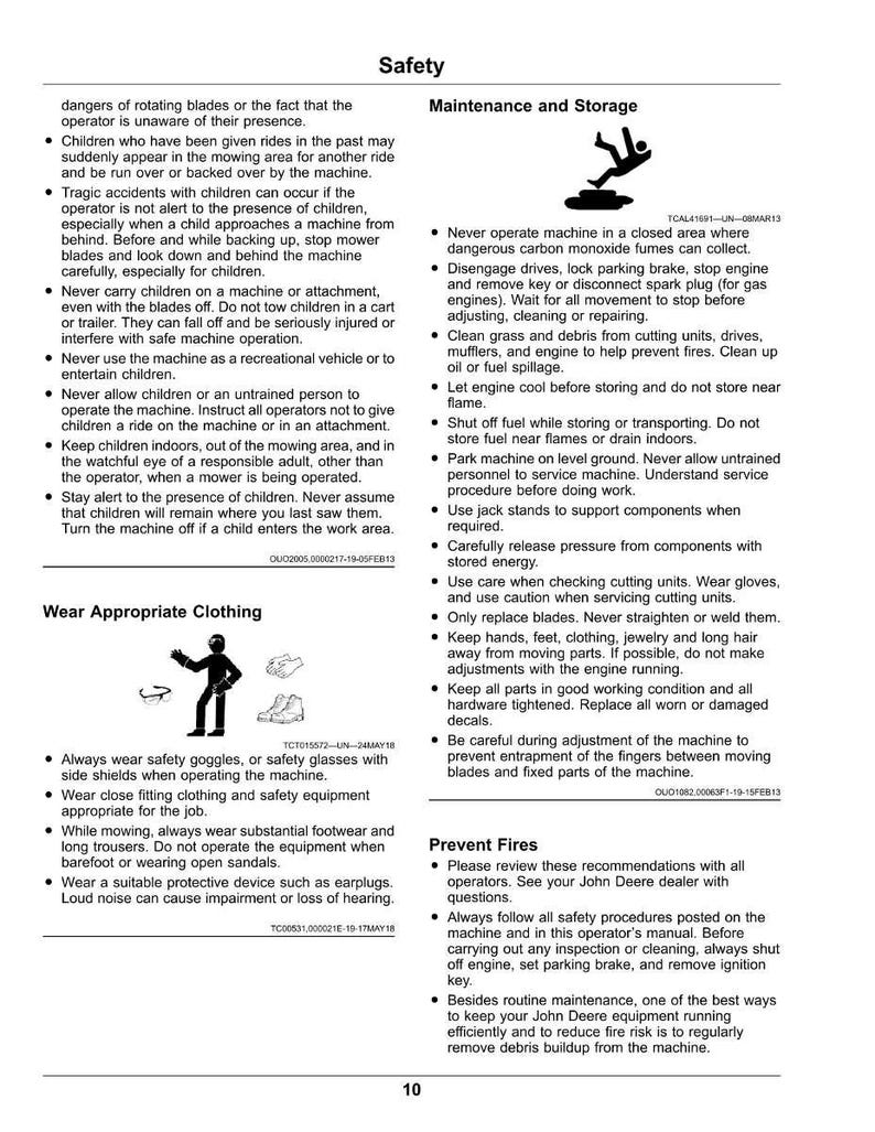 May include: A safety information sheet with guidelines for machinery operation. The image details safety precautions, including clothing, fire prevention, and maintenance. Illustrations of safety equipment and machine operation are included.