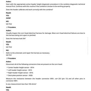 May include: A page from a diagnostic manual with the title "Diagnostics". The text details procedures for troubleshooting a combine, including checking the header and electrical harness. The page includes numbered procedures and results.
