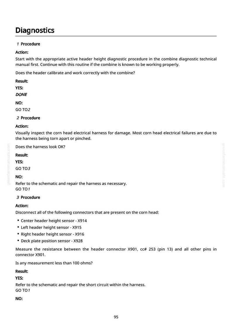 May include: A page from a diagnostic manual with the title "Diagnostics". The text details procedures for troubleshooting a combine, including checking the header and electrical harness. The page includes numbered procedures and results.