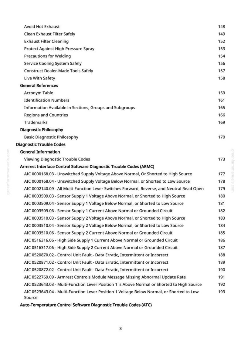 May include: A page from a manual with a list of diagnostic trouble codes and general references. The text includes terms like "Sensor Supply," "Control Unit Fault," and "Armrest Controls Module."