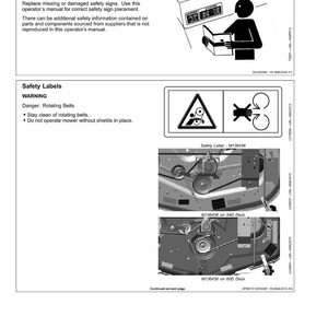 May include: A page from an operator's manual titled "Safety Labels." It includes warnings about rotating belts and diagrams for safety sign placement. The page also shows mower deck diagrams with safety label M136436.