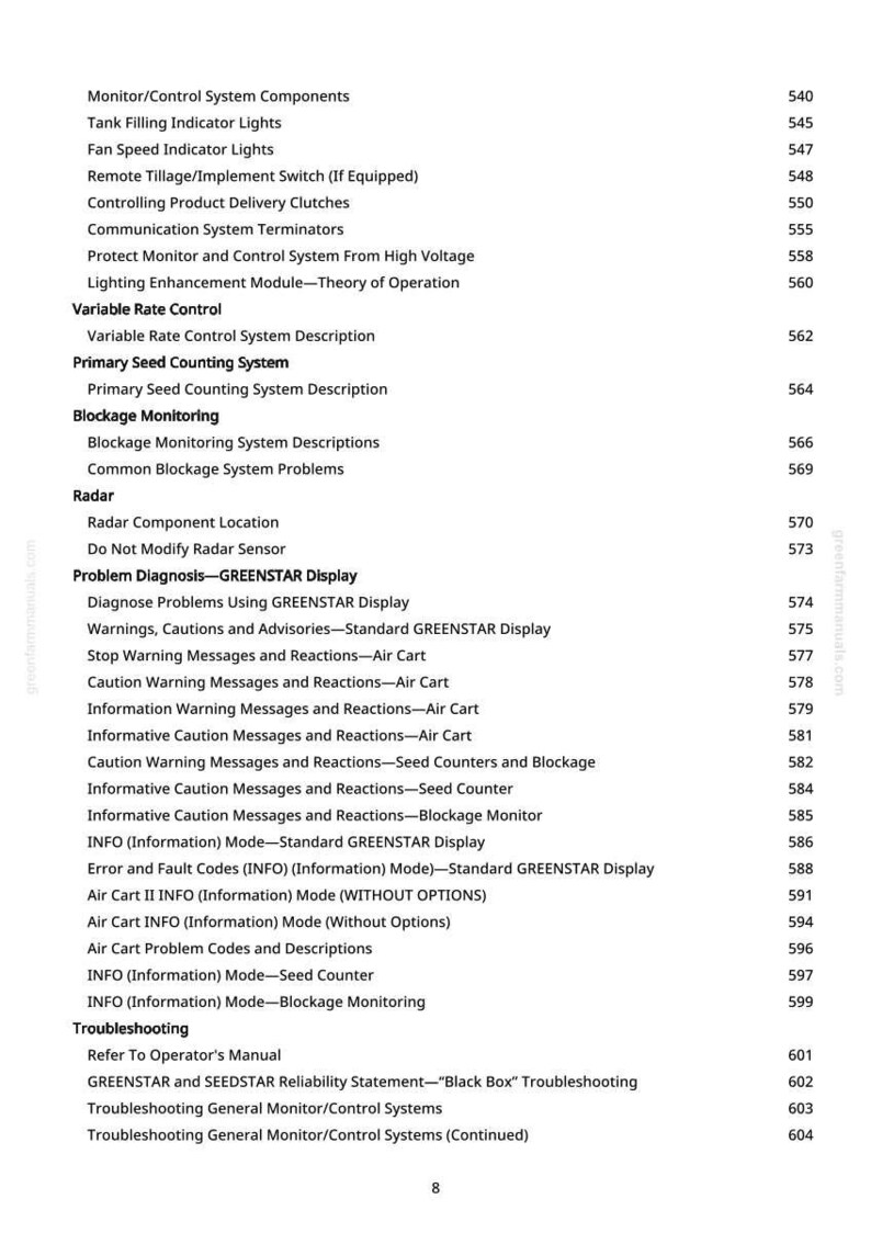 May include: A page from a manual with a table of contents. The text includes topics like "Monitor/Control System Components", "Radar", and "Troubleshooting". The page number "8" is at the bottom.