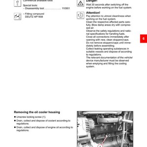 Puede incluir: Diagrama t&eacute;cnico para la extracci&oacute;n e instalaci&oacute;n de la carcasa del enfriador de aceite. La imagen incluye instrucciones, advertencias y diagramas. El texto incluye el n&uacute;mero de modelo TCD 2013 4V y el sistema de aceite lubricante W 08-08-03.