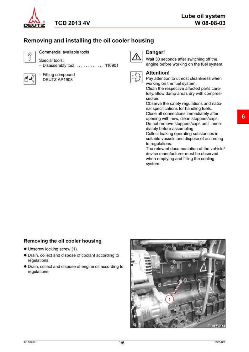 Puede incluir: Diagrama t&eacute;cnico para la extracci&oacute;n e instalaci&oacute;n de la carcasa del enfriador de aceite. La imagen incluye instrucciones, advertencias y diagramas. El texto incluye el n&uacute;mero de modelo TCD 2013 4V y el sistema de aceite lubricante W 08-08-03.