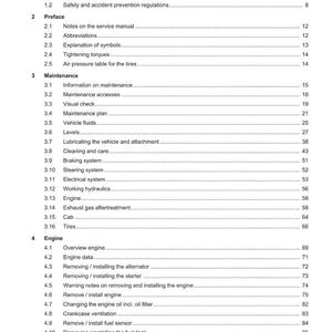 May include: A page from a service and repair manual, titled "Contents." The document lists various sections, including Safety, Preface, Maintenance, Engine, and Cooling, with corresponding page numbers. The Weidemann logo is at the top.