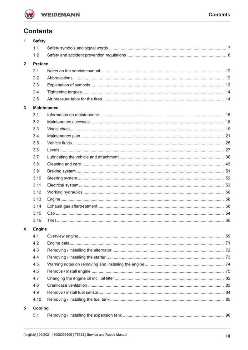 May include: A page from a service and repair manual, titled "Contents." The document lists various sections, including Safety, Preface, Maintenance, Engine, and Cooling, with corresponding page numbers. The Weidemann logo is at the top.