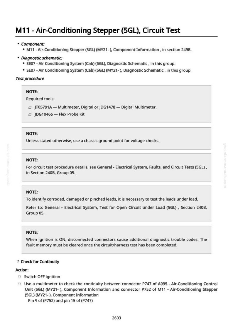 May include: A technical document titled "M11 - Air-Conditioning Stepper (5GL), Circuit Test." The document includes component information, diagnostic schematics, and test procedures. It lists required tools like a digital multimeter and flex probe kit.