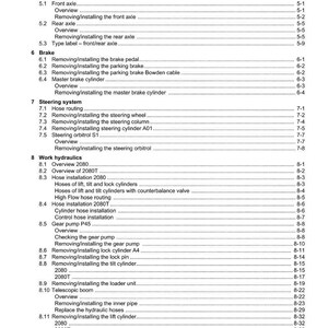 K&ouml;nnte beinhalten: Inhaltsverzeichnis eines WEIDEMANN-Handbuchs mit Abschnitten zu Achsen, Bremsen, Lenkung und Arbeitshydraulik. Schwarzer Text auf wei&szlig;em Hintergrund, mit Seitenzahlen und Abschnittstiteln.