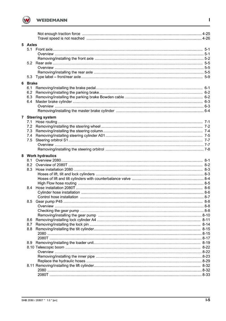 K&ouml;nnte beinhalten: Inhaltsverzeichnis eines WEIDEMANN-Handbuchs mit Abschnitten zu Achsen, Bremsen, Lenkung und Arbeitshydraulik. Schwarzer Text auf wei&szlig;em Hintergrund, mit Seitenzahlen und Abschnittstiteln.