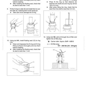 May include: Diagram of a carrier roller assembly with instructions for disassembly and assembly. Includes illustrations of parts, tools, and measurements in millimeters and newton meters. Text includes steps for installing seals and rings.