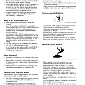 May include: A safety manual page with the title "Safety" and subheadings like "Checking Wheel Hardware" and "Wear Appropriate Clothing." The page includes safety guidelines and warnings for machinery operation.