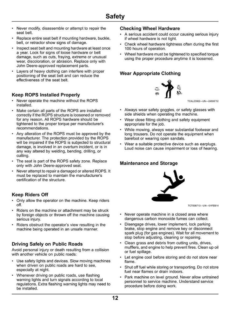May include: A safety manual page with the title "Safety" and subheadings like "Checking Wheel Hardware" and "Wear Appropriate Clothing." The page includes safety guidelines and warnings for machinery operation.