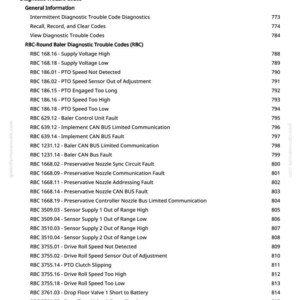 Puede incluir: Una lista detallada de c&oacute;digos de diagn&oacute;stico de problemas para maquinaria agr&iacute;cola, incluidos los c&oacute;digos RBC-Round Baler. El texto est&aacute; organizado con t&iacute;tulos y subt&iacute;tulos, e incluye descripciones de fallas espec&iacute;ficas y n&uacute;meros de p&aacute;gina correspondientes.
