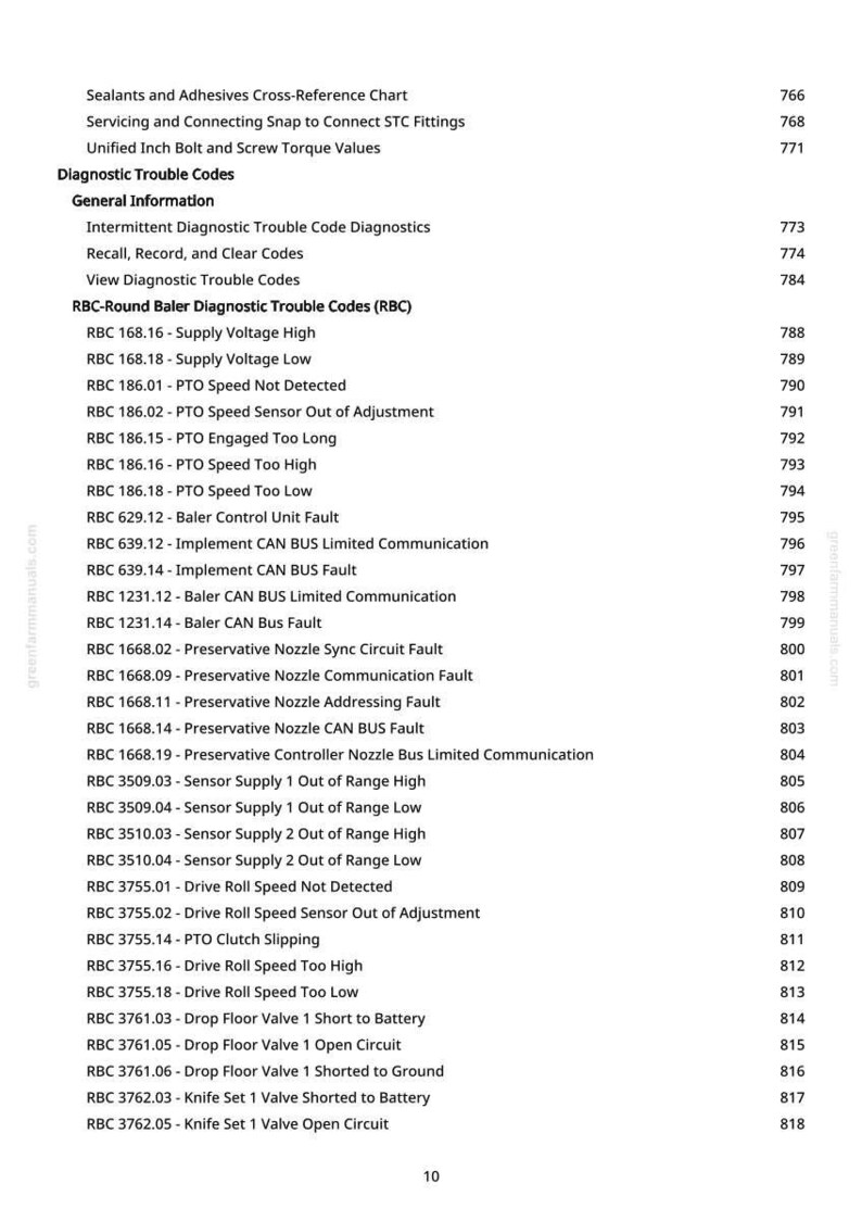 Puede incluir: Una lista detallada de c&oacute;digos de diagn&oacute;stico de problemas para maquinaria agr&iacute;cola, incluidos los c&oacute;digos RBC-Round Baler. El texto est&aacute; organizado con t&iacute;tulos y subt&iacute;tulos, e incluye descripciones de fallas espec&iacute;ficas y n&uacute;meros de p&aacute;gina correspondientes.