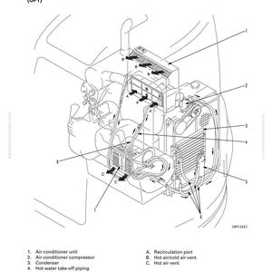 May include: Diagram of air conditioner piping, labeled with components like the air conditioner unit, compressor, condenser, and refrigerant piping. The diagram includes arrows indicating airflow and is labeled with letters for recirculation ports and vents.