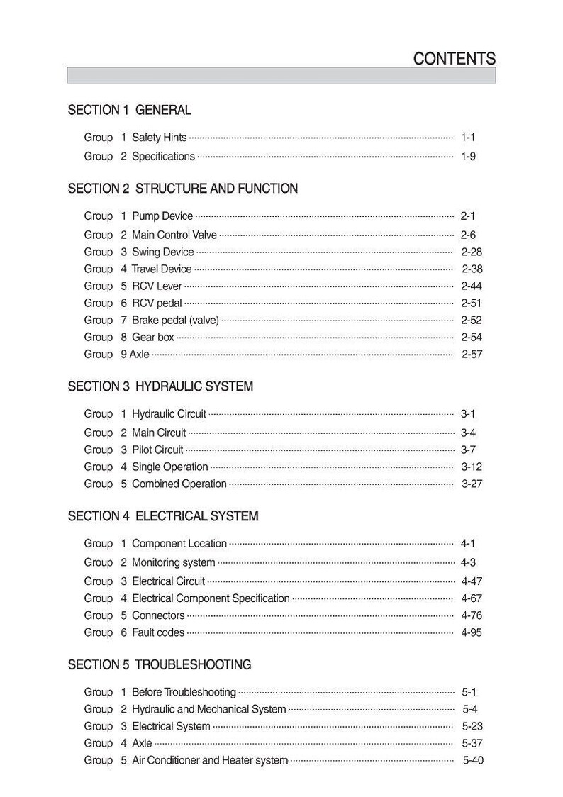 Puede incluir: Un detallado &iacute;ndice de un manual, con t&iacute;tulos y subt&iacute;tulos en texto negro sobre fondo blanco. Las secciones incluyen General, Estructura y Funci&oacute;n, Sistema Hidr&aacute;ulico, Sistema El&eacute;ctrico y Soluci&oacute;n de problemas.