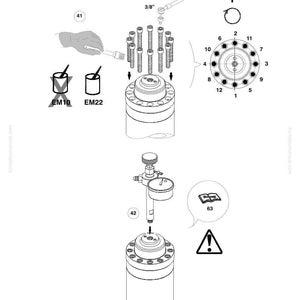 以下が含まれることがあります： テキストラベル付きの機械部品の図。トルクレンチ、ボルト、番号付きの穴のある円形コンポーネントが含まれています。テキストはNmとmmの測定値を表しています。