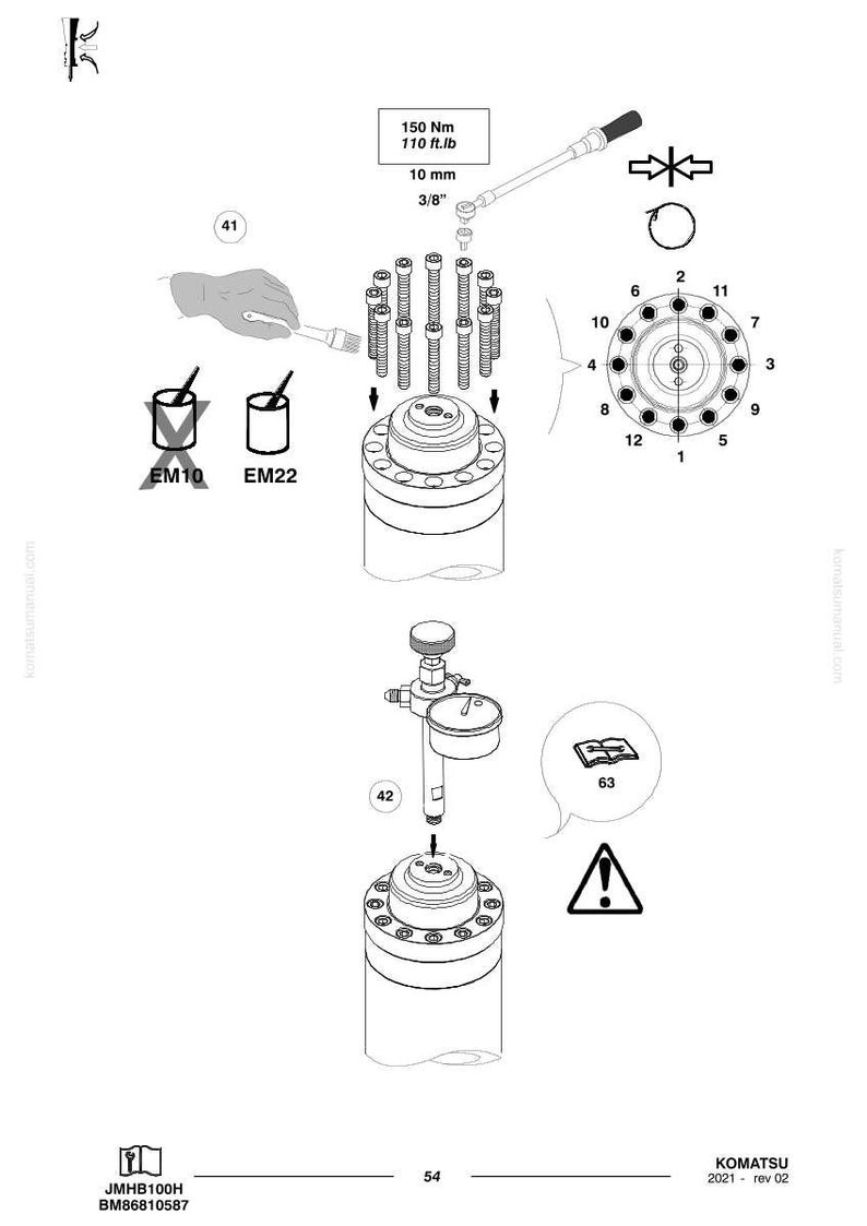 以下が含まれることがあります： テキストラベル付きの機械部品の図。トルクレンチ、ボルト、番号付きの穴のある円形コンポーネントが含まれています。テキストはNmとmmの測定値を表しています。