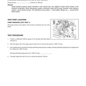 May include: A page from a manual detailing the steering and brake system pressure test. The text includes specifications, test procedures, and a diagram of the pump and test port. The pump pressure is specified as 1,650 psi at 1000 rpm.