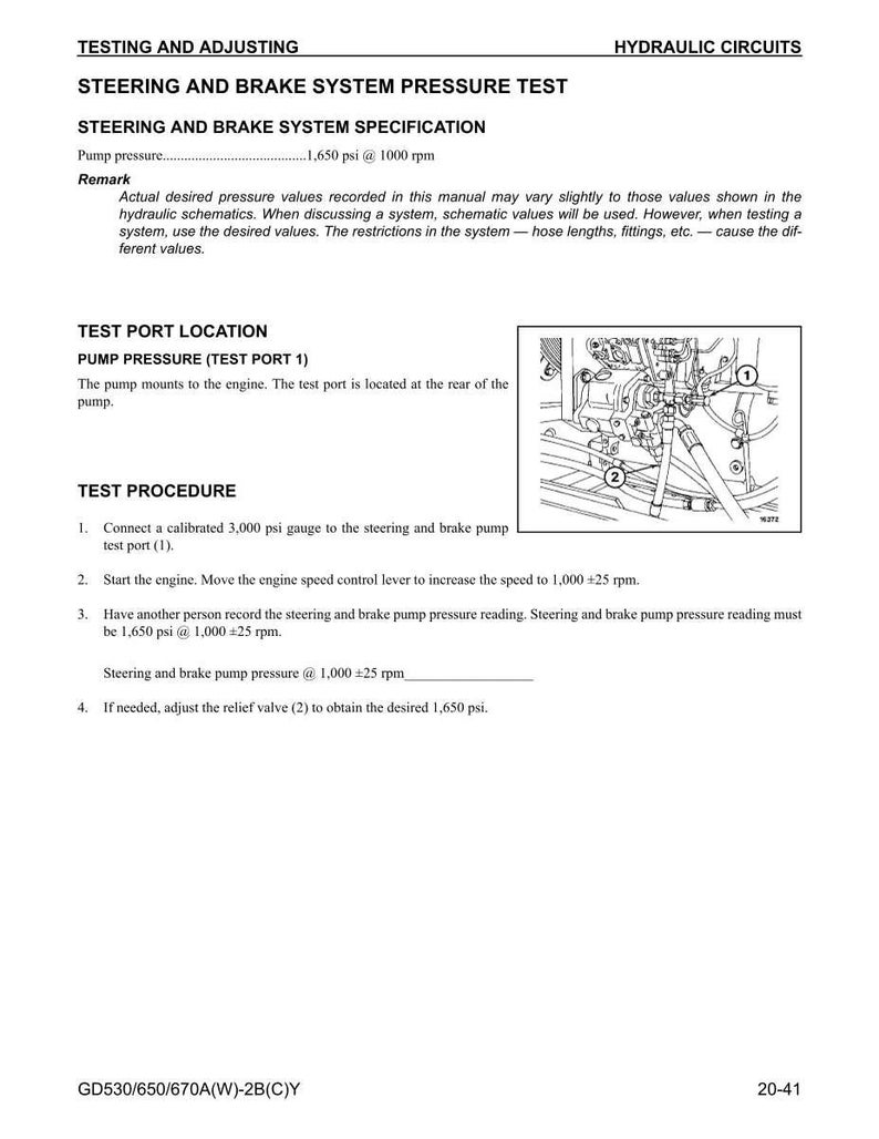 May include: A page from a manual detailing the steering and brake system pressure test. The text includes specifications, test procedures, and a diagram of the pump and test port. The pump pressure is specified as 1,650 psi at 1000 rpm.