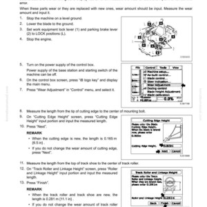 May include: A technical manual page titled "How to Input Wear Volume of Blade Edge and Track Shoes." It includes diagrams, instructions, and measurements in meters and inches for machinery maintenance and adjustment. The page has a white background.