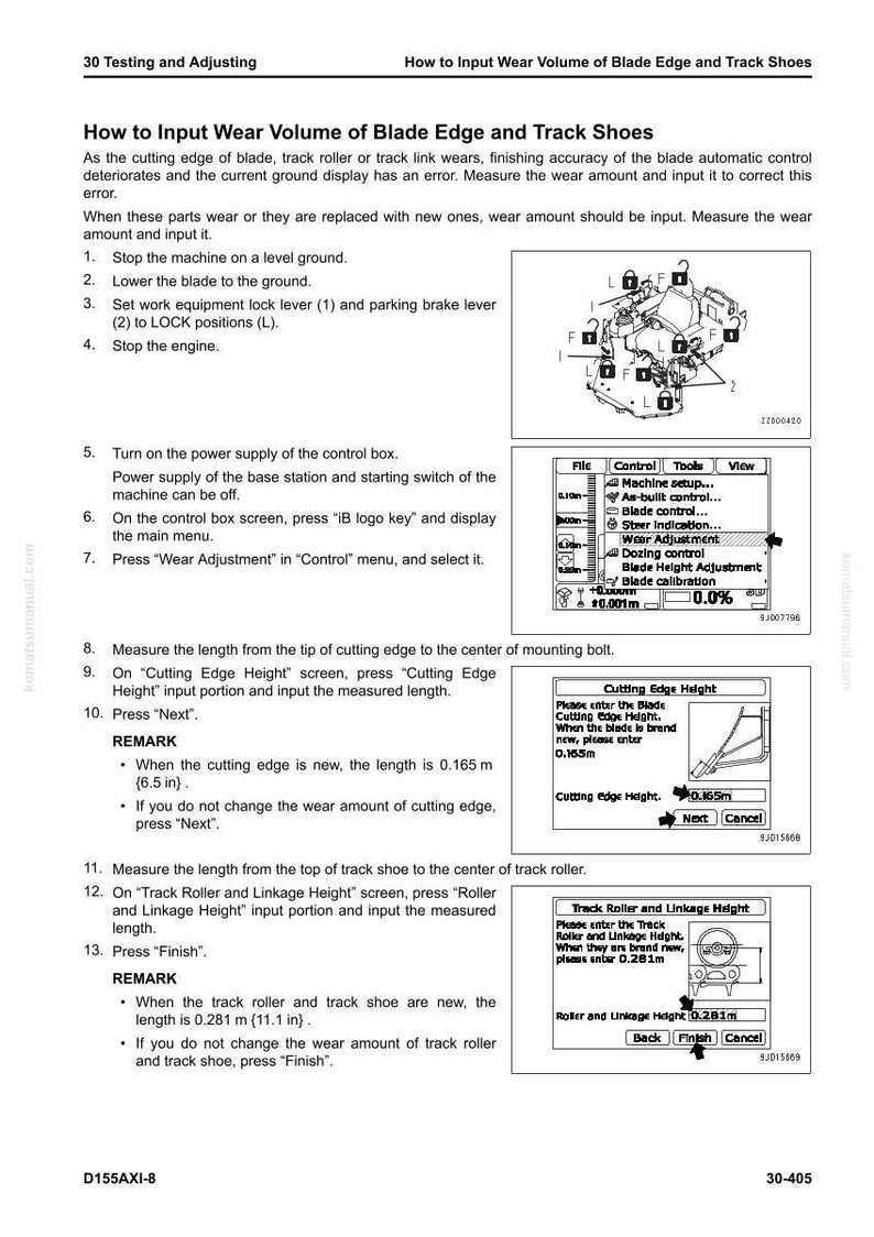 May include: A technical manual page titled "How to Input Wear Volume of Blade Edge and Track Shoes." It includes diagrams, instructions, and measurements in meters and inches for machinery maintenance and adjustment. The page has a white background.