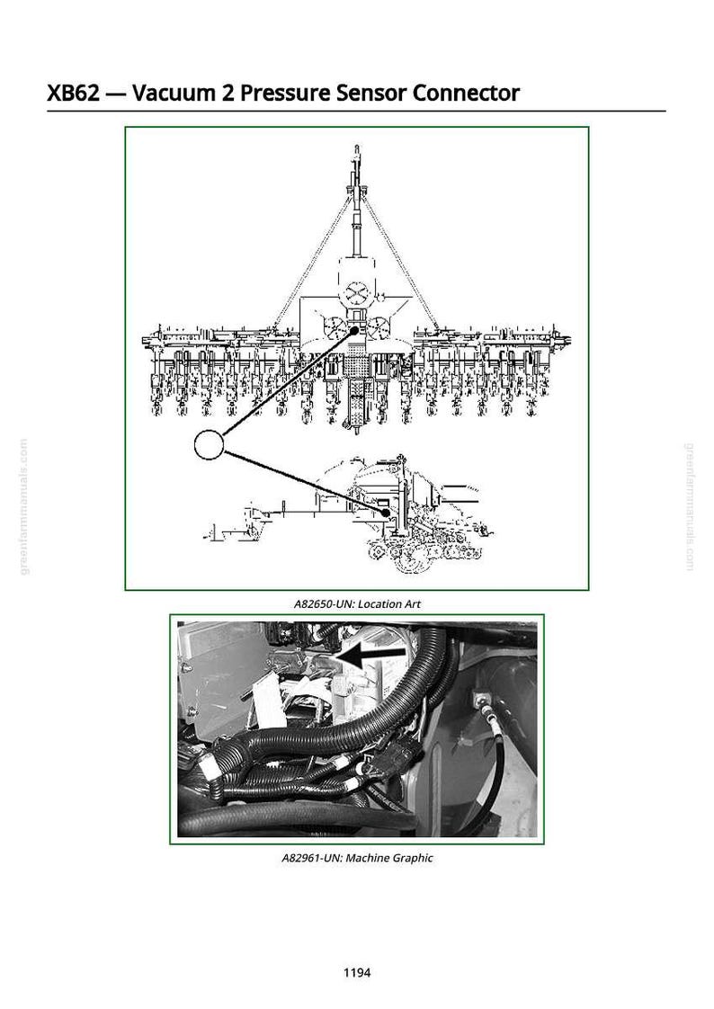 May include: Diagram of a vacuum pressure sensor connector, labeled "XB62". Includes a schematic and a machine graphic with the text "A82650-UN: Location Art" and "A82961-UN: Machine Graphic". The image is on a white background.