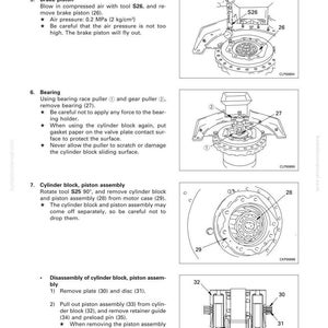 Puede incluir: Diagrama de desmontaje y montaje de un motor de desplazamiento. La imagen incluye ilustraciones detalladas de varios componentes, como pistones de freno, cojinetes y bloques de cilindros, con n&uacute;meros de pieza.