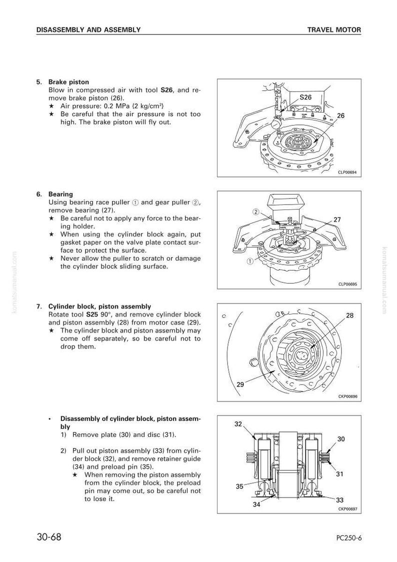 Puede incluir: Diagrama de desmontaje y montaje de un motor de desplazamiento. La imagen incluye ilustraciones detalladas de varios componentes, como pistones de freno, cojinetes y bloques de cilindros, con n&uacute;meros de pieza.