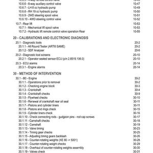 May include: A detailed table of contents from a manual, with black text on a white background. The headings include "Calibrations and Electronic Diagnosis" and "Method of Intervention", with various sub-sections and page numbers.