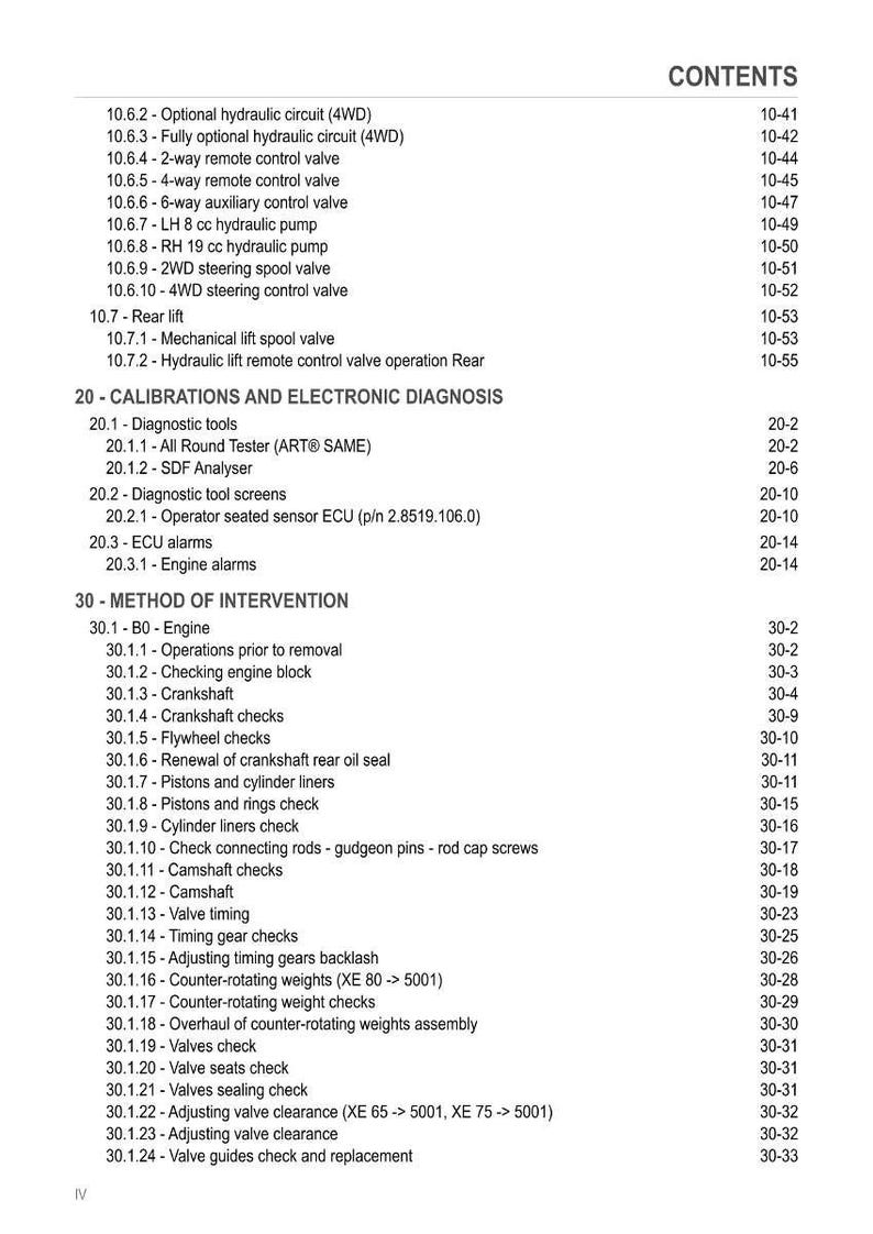 May include: A detailed table of contents from a manual, with black text on a white background. The headings include "Calibrations and Electronic Diagnosis" and "Method of Intervention", with various sub-sections and page numbers.