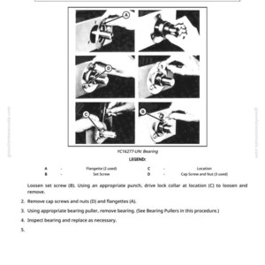 May include: Diagram illustrating bearing removal steps. Includes images with labels A, B, C, and D, and text instructions. The text reads "IMPORTANT: On bearings installed with flangettes, drive lock ring in opposite direction of shaft rotation to remove."