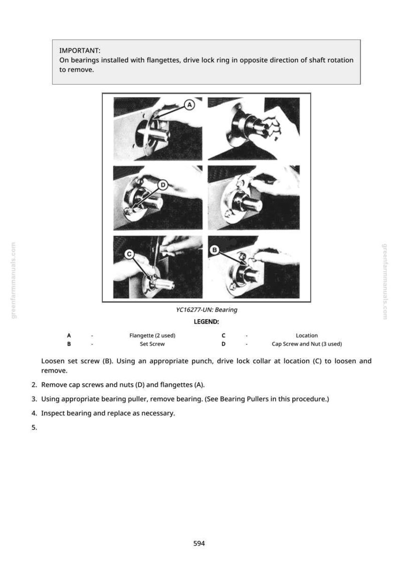 May include: Diagram illustrating bearing removal steps. Includes images with labels A, B, C, and D, and text instructions. The text reads "IMPORTANT: On bearings installed with flangettes, drive lock ring in opposite direction of shaft rotation to remove."