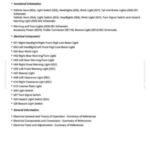 K&ouml;nnte beinhalten: Eine wei&szlig;e Seite mit dem Titel &bdquo;Beleuchtungssystemprobleme&ldquo; und einer Liste elektrischer Komponenten und Schaltpl&auml;ne. Der Text enth&auml;lt Informationen zur Diagnose von Beleuchtungsproblemen, wie z. B. Scheinwerfern, Blinkern und Bremslichtern.