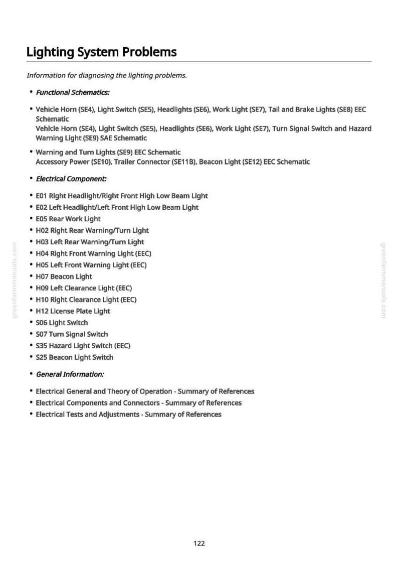 K&ouml;nnte beinhalten: Eine wei&szlig;e Seite mit dem Titel &bdquo;Beleuchtungssystemprobleme&ldquo; und einer Liste elektrischer Komponenten und Schaltpl&auml;ne. Der Text enth&auml;lt Informationen zur Diagnose von Beleuchtungsproblemen, wie z. B. Scheinwerfern, Blinkern und Bremslichtern.