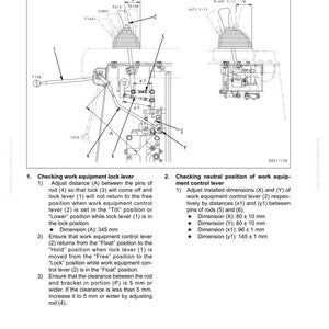 May include: Diagram of work equipment lock lever adjustment, with labels and measurements. Includes dimensions in millimeters: A (345 mm), X (80 &plusmn; 10 mm), Y (80 &plusmn; 10 mm), x1 (96 &plusmn; 1 mm), and y1 (145 &plusmn; 1 mm).