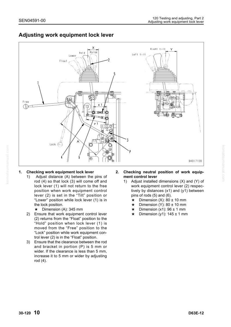 May include: Diagram of work equipment lock lever adjustment, with labels and measurements. Includes dimensions in millimeters: A (345 mm), X (80 &plusmn; 10 mm), Y (80 &plusmn; 10 mm), x1 (96 &plusmn; 1 mm), and y1 (145 &plusmn; 1 mm).