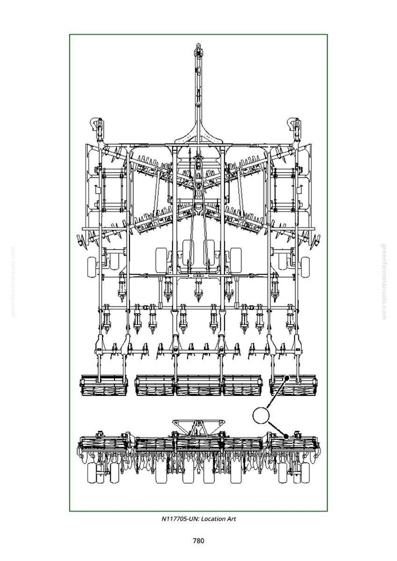 May include: Black and white line drawing of a large agricultural machine, likely a planter or seeder. The design is complex, with multiple rows of planting units and a central support structure. The text "N117705-UN: Location Art" is visible.