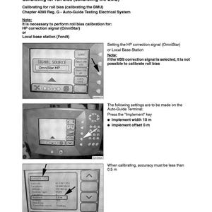 May include: A technical document with instructions for calibrating a steering unit. The document includes diagrams of the Auto-Guide terminal and settings for implement width and offset. The text includes the date 03.05.2005.