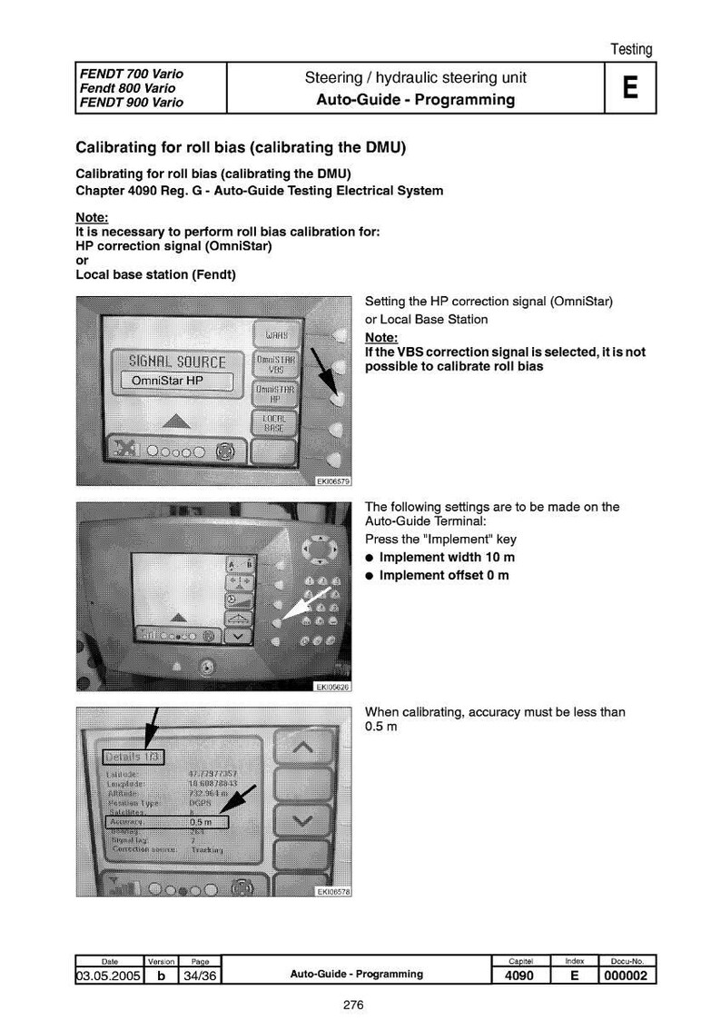 May include: A technical document with instructions for calibrating a steering unit. The document includes diagrams of the Auto-Guide terminal and settings for implement width and offset. The text includes the date 03.05.2005.