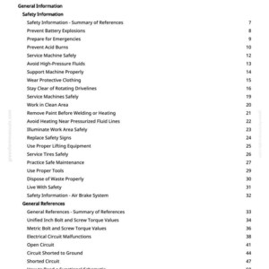 May include: A white page with a black text table of contents. The title is "Table of Contents". The table lists safety information, general information, and general references. The page number is 2.