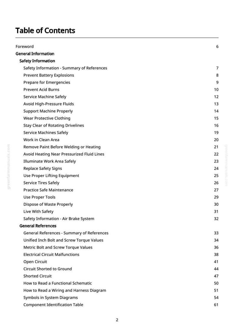 May include: A white page with a black text table of contents. The title is "Table of Contents". The table lists safety information, general information, and general references. The page number is 2.