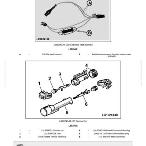 May include: Diagram of a solenoid test harness, DFLX14, with labeled components and connectors. Includes a harness diagram and a detailed breakdown of connector parts, with part numbers and descriptions.