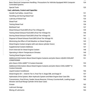 May include: A page from a manual with a table of contents. The topics include fuel, lubricants, coolant, and capacities, diesel exhaust fluid, and diesel engine coolant. The page has a white background with black text.